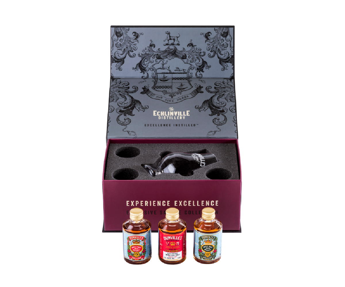 Dunville's PX 10YO  750ml 46% with Dunville's tasting gift set of three and a glass.