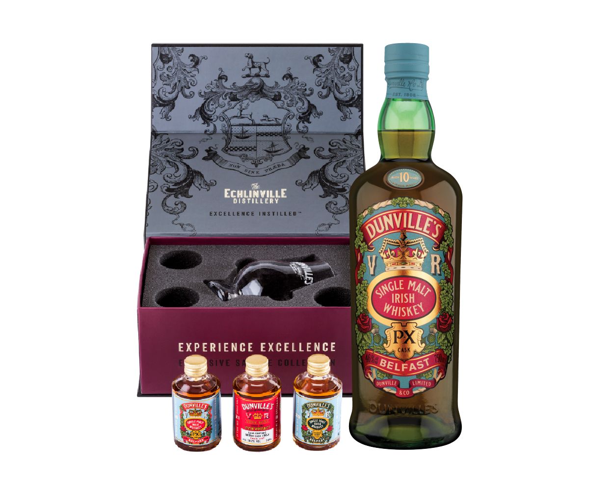 Dunville's PX 10YO  750ml 46% with Dunville's tasting gift set of three and a glass.