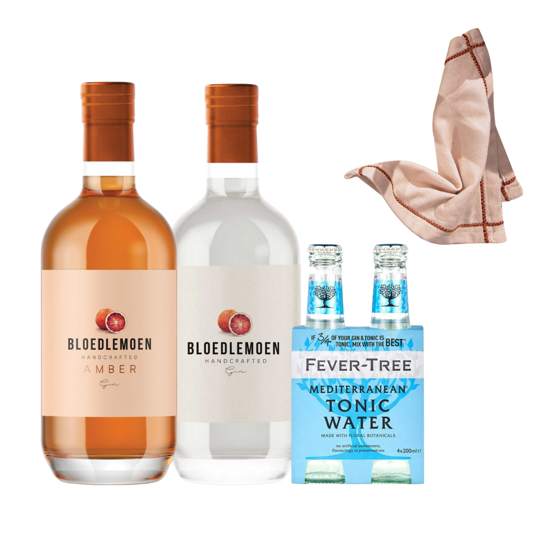 2 x Bloedlemoen Gin(Original+Amber), Fever-Tree Mediterranean Tonic plus FREE set of 2 Cotton Company Dinner Napkins
