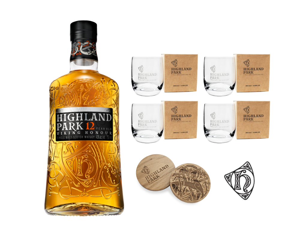 Highland Park 12YO 750ml + 4 FREE Glasses & Wooden Coaster & Pin